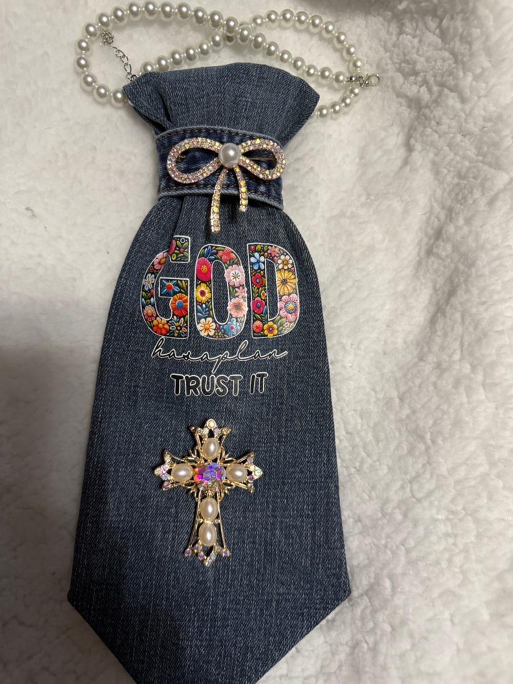 Denim Statement Necklace Tie with Floral "GOD" Graphic